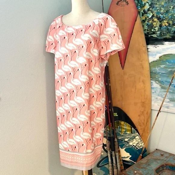 🦩Julian Taylor, FLAMINGOS,Sheath Dress, Print Pink Flamingo, Stretch, Size 18W - Picture 4 of 11